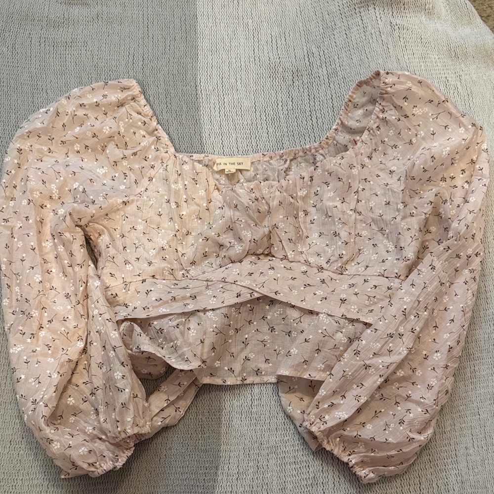Smocked Blush Floral Tie Front Crop Top Puff Sleeve Cottagecore XL